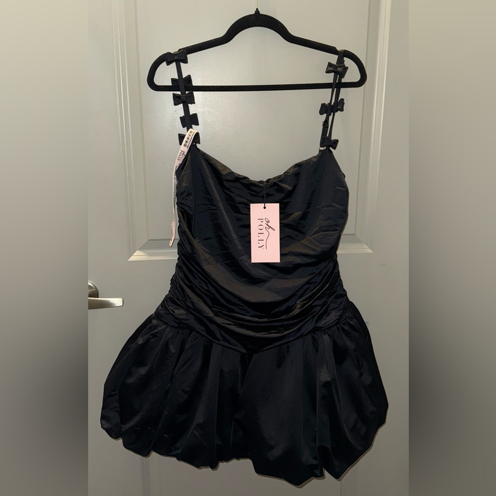 CIRILLA
Bow-Detail Ruched Bubble Hem Mini Dress in Black